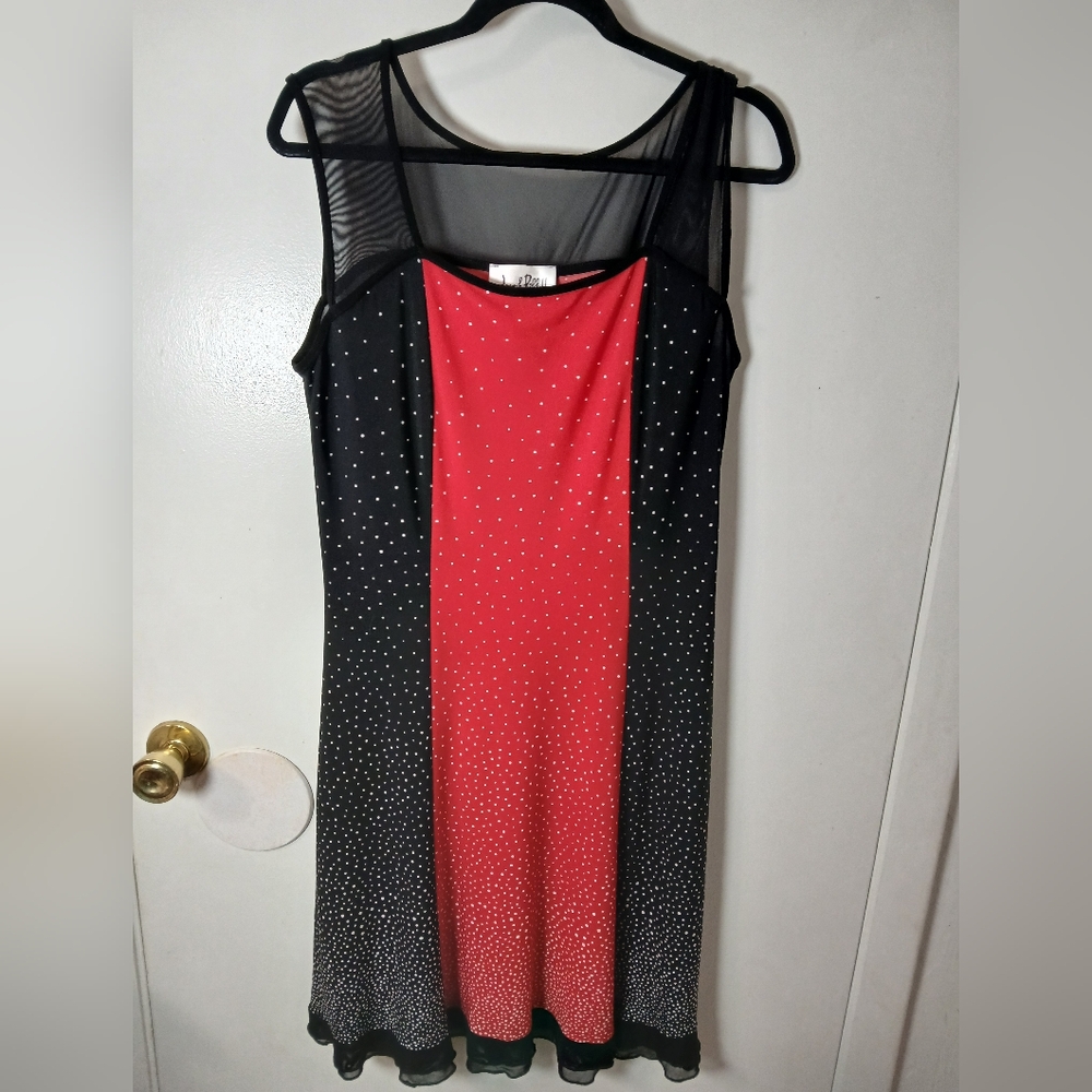 Joseph Ribkoff Women's Sleeveless Red Black Polka Dot Mesh Panel Dress Size 10